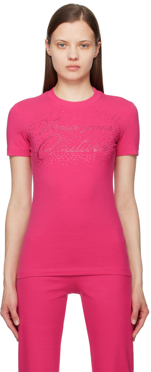 Versace Jeans Couture Pink Crystal-cut T-shirt In E401 Hot Pink