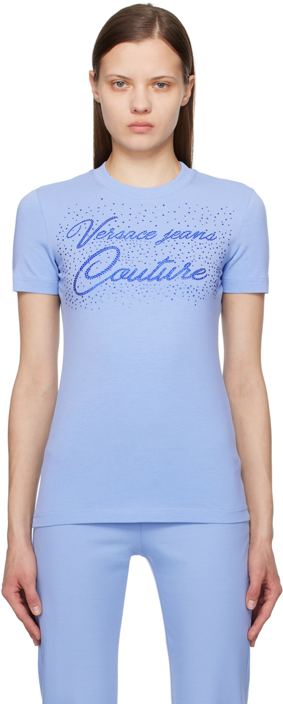 Versace Jeans Couture Blue Crystal-cut T-shirt In E261 Bonnie Light Bl