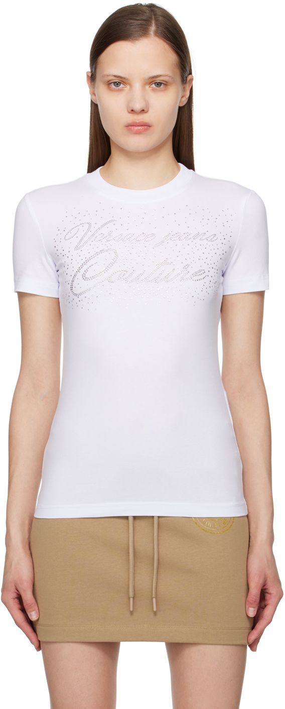 Shop Versace Jeans Couture White Crystal-cut T-shirt In E003 White