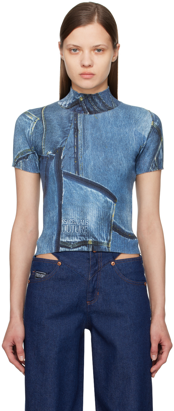 Versace Jeans Couture Indigo Trompe L'œil T-shirt In E904 Indigo