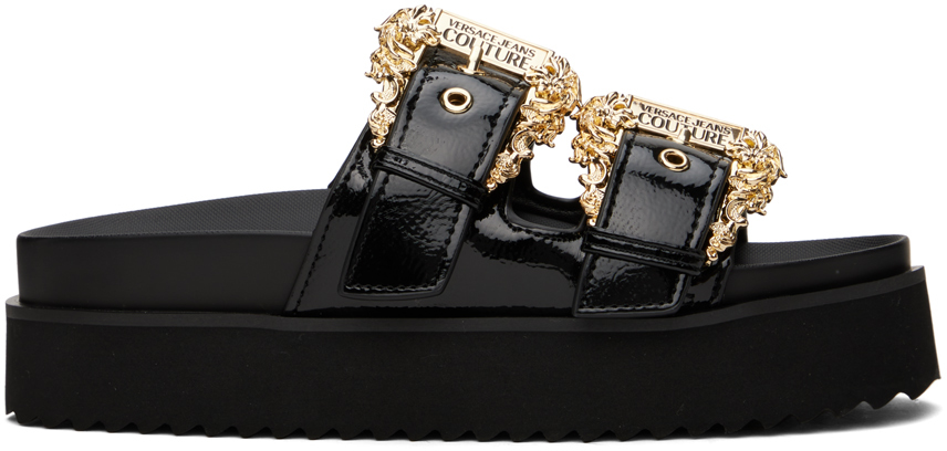 Versace Jeans Couture Black Baroque Buckle Sandals In E899 Black