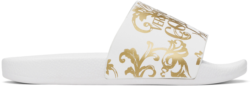 Shop Versace Jeans Couture White Watercolor Couture Slides In Eg03 White + Gold