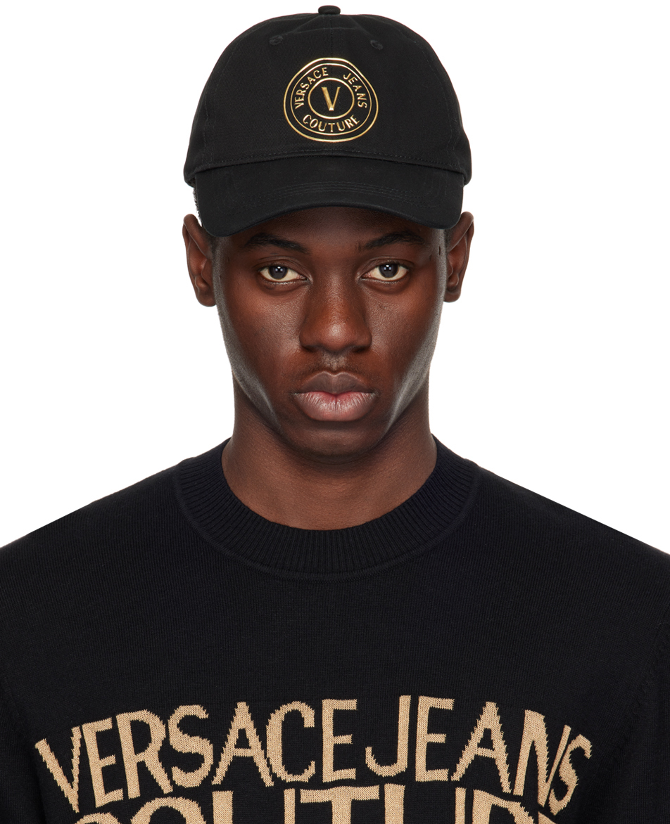 Versace Jeans Couture Black V-emblem Baseball Cap In Eg89 Black/gold