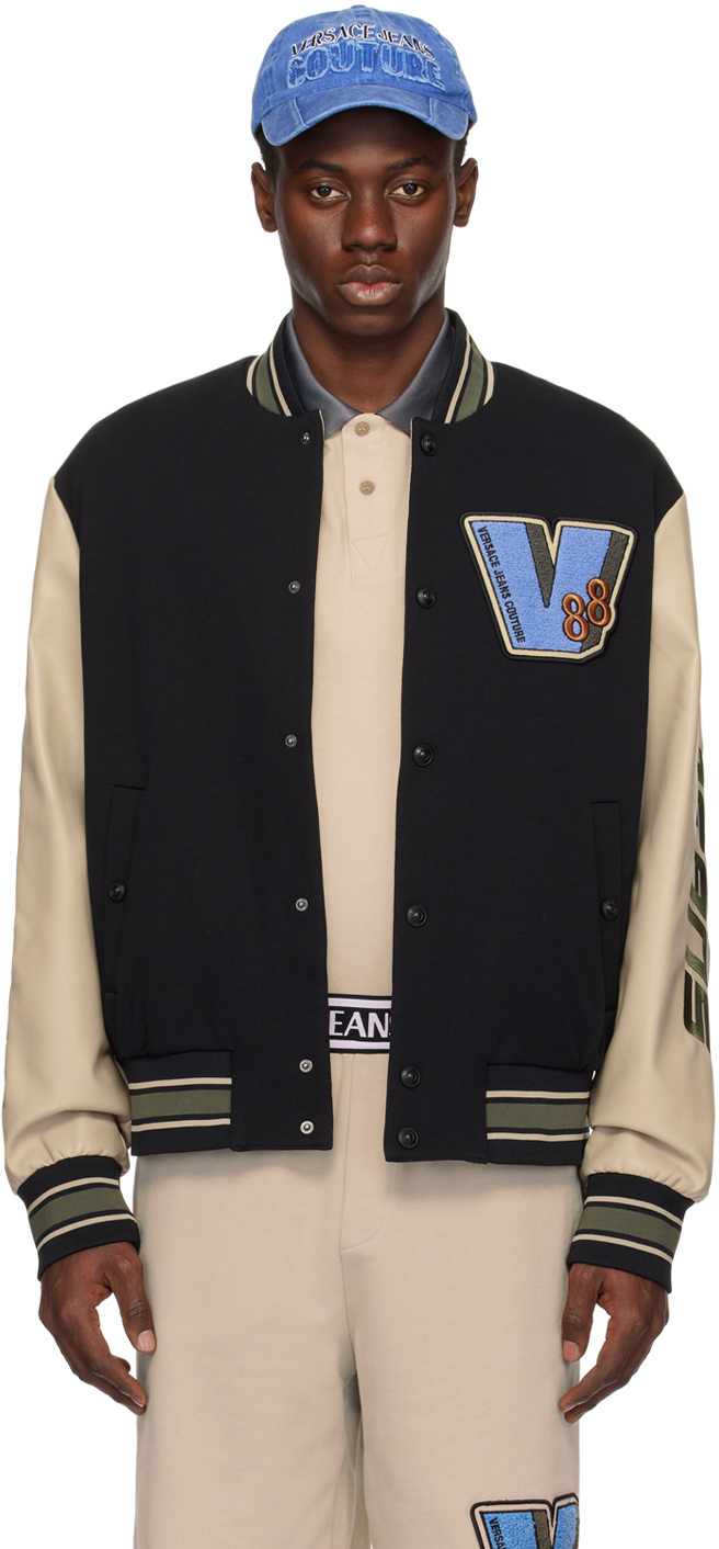 Versace Jeans Couture Black & Beige Patch Faux-leather Bomber Jacket In E750 Lark