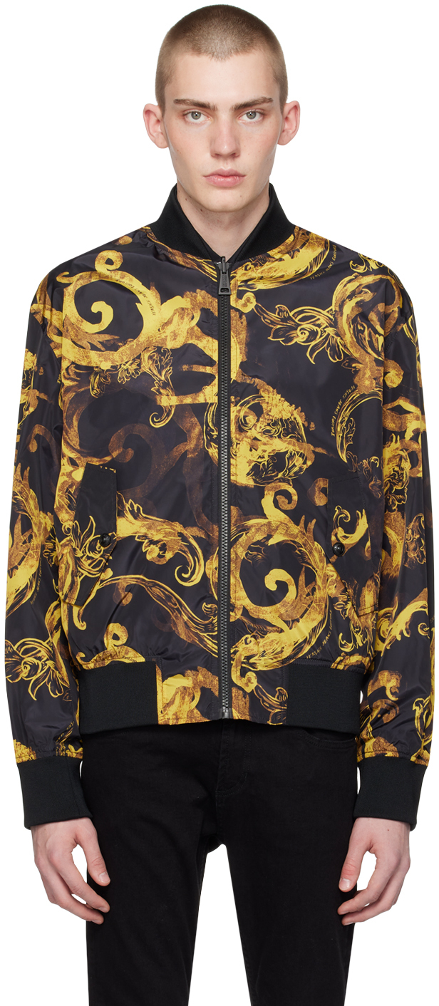 Shop Versace Jeans Couture Black & Yellow Watercolor Couture Reversible Bomber Jacket In Eg89 Black/gold