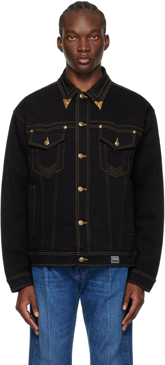 Versace Jeans Couture Black Patch Denim Jacket In E909 Black Black