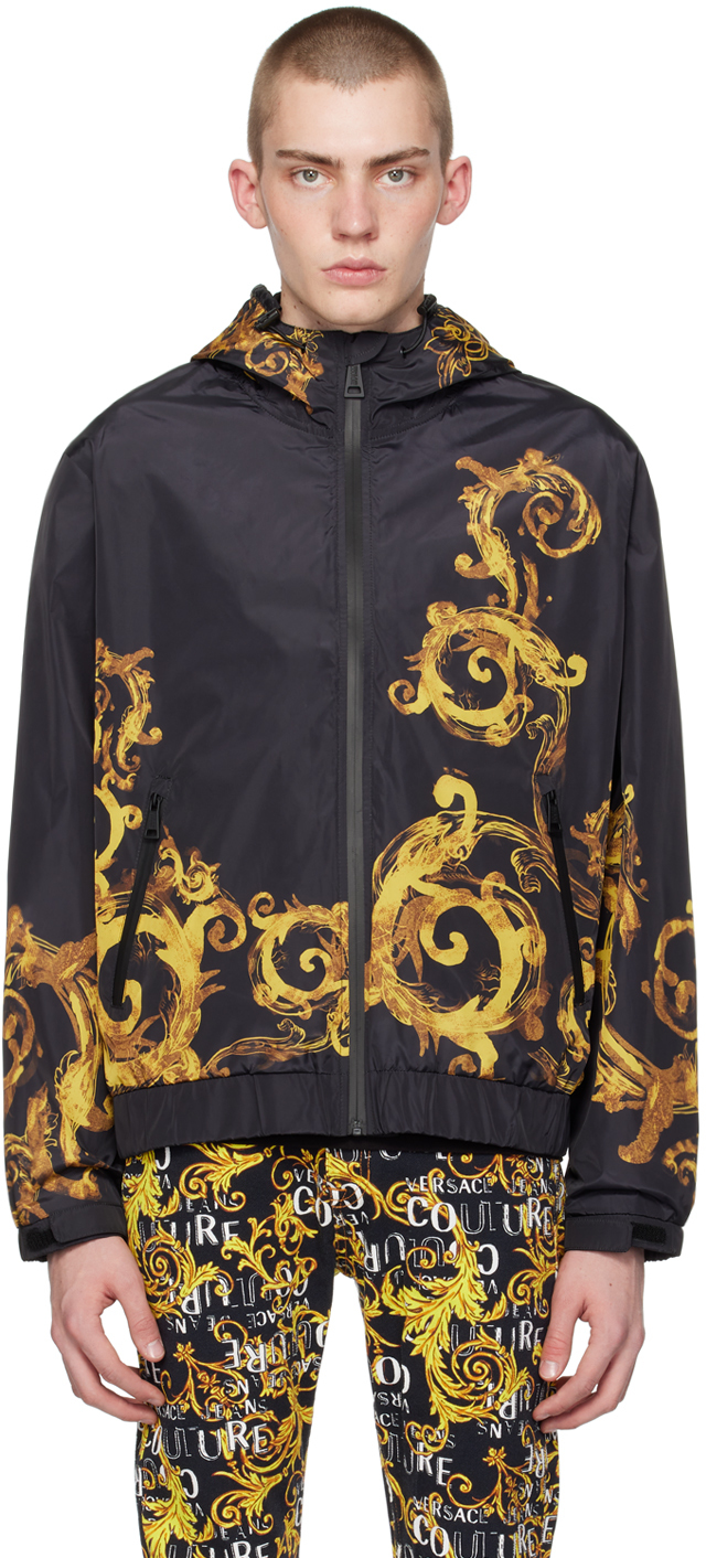 Shop Versace Jeans Couture Black Watercolor Couture Jacket In Eg89 Black/gold