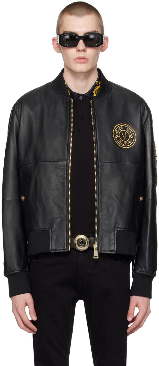 Shop Versace Jeans Couture Black V-emblem Leather Bomber Jacket In Eg89 Black/gold