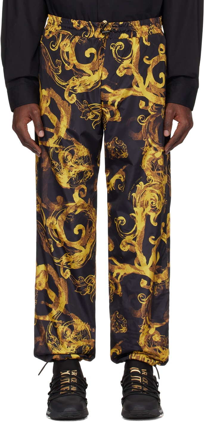 Versace Jeans Couture Black & Gold Watercolor Couture Trousers In Eg89 Black/gold