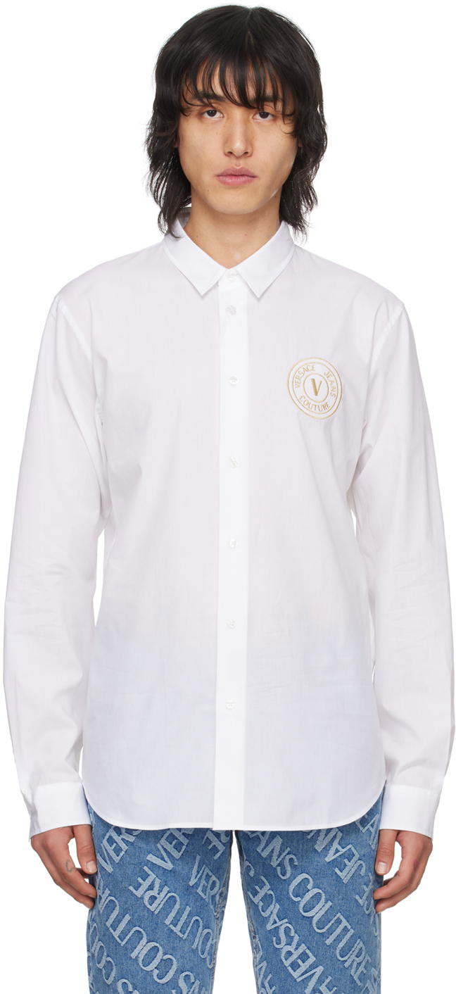 Shop Versace Jeans Couture White V-emblem Shirt In Eg03 White/gold