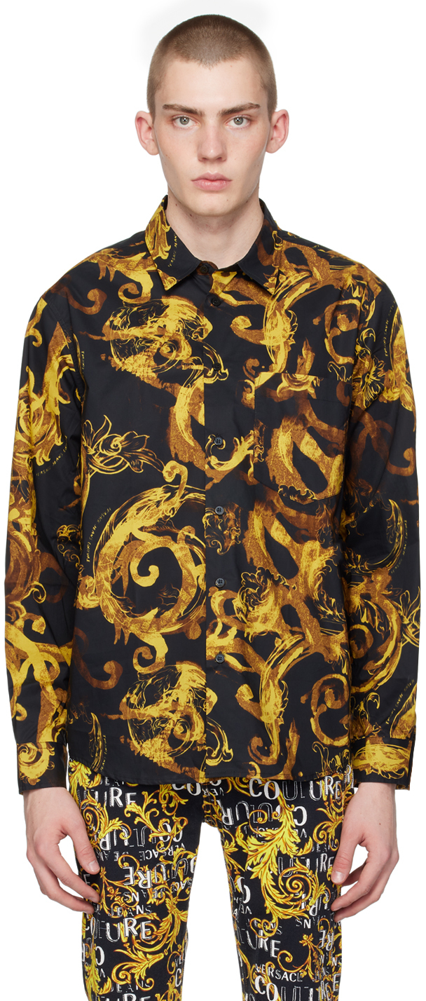 Shop Versace Jeans Couture Black Watercolor Couture Shirt In Eg89 Black/gold