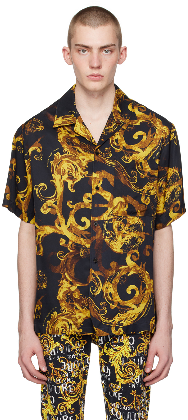 Shop Versace Jeans Couture Black Watercolor Couture Shirt In Eg89 Black/gold