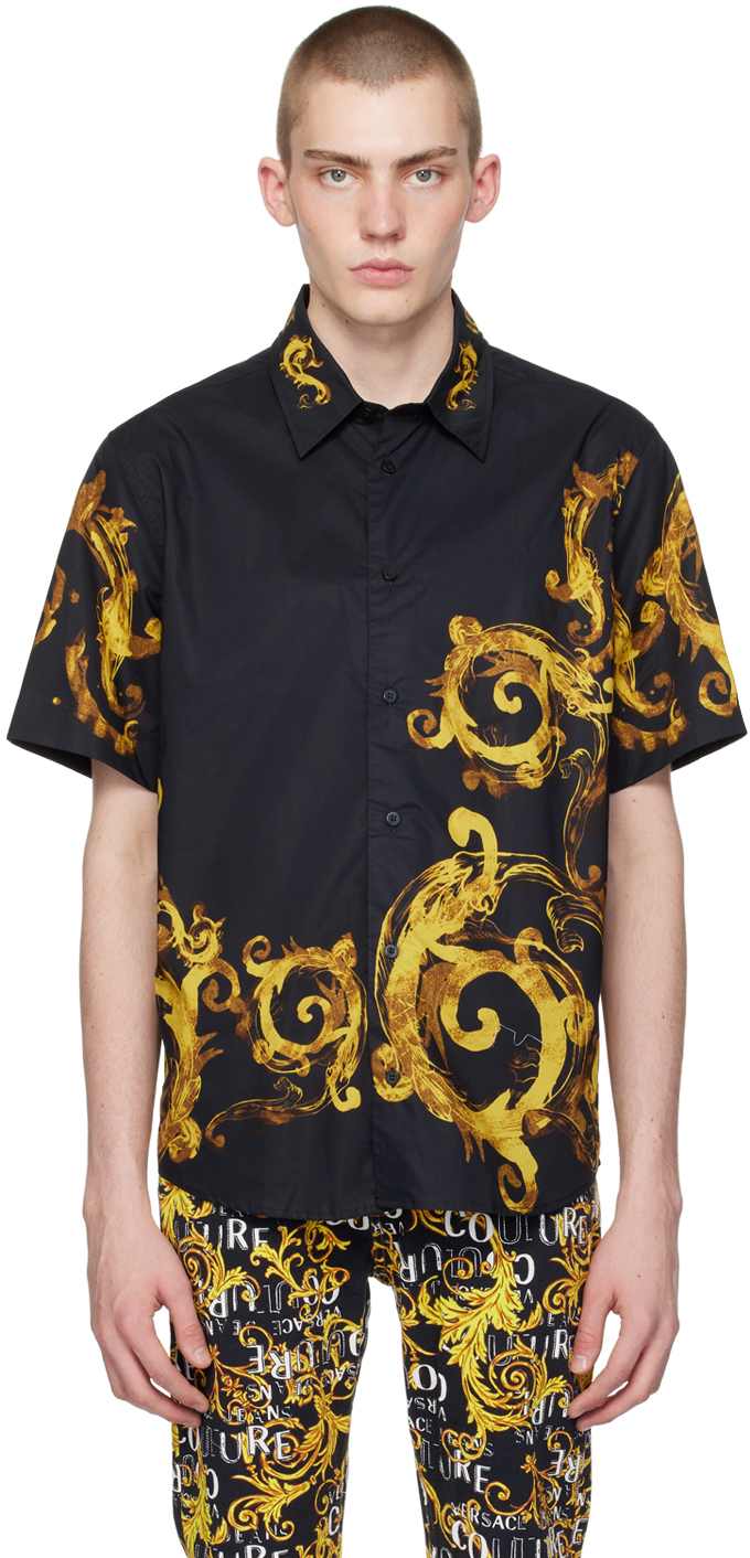 Shop Versace Jeans Couture Black Watercolor Couture Shirt In Eg89 Black/gold