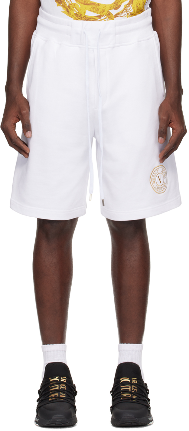 Versace Jeans Couture White V-emblem Shorts In Eg03 White/gold
