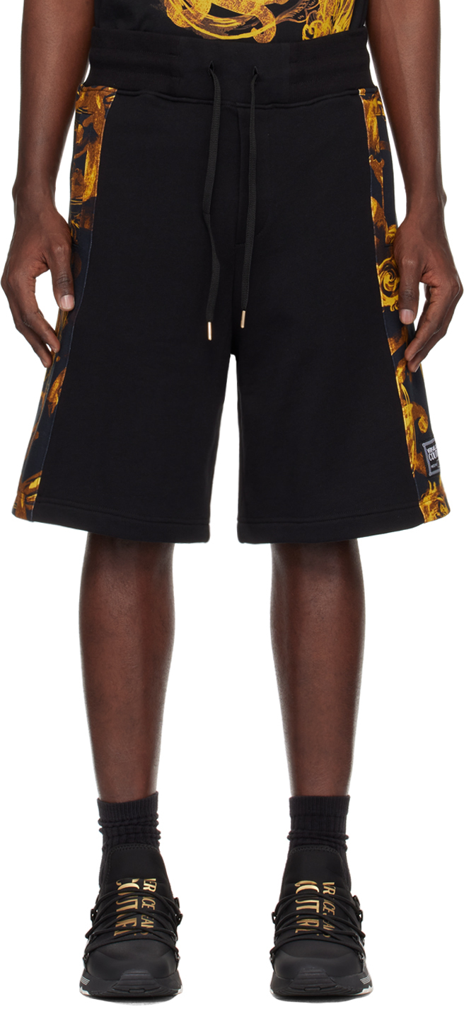 Versace Jeans Couture Black & Gold Watercolor Couture Shorts In Eg89 Black/gold