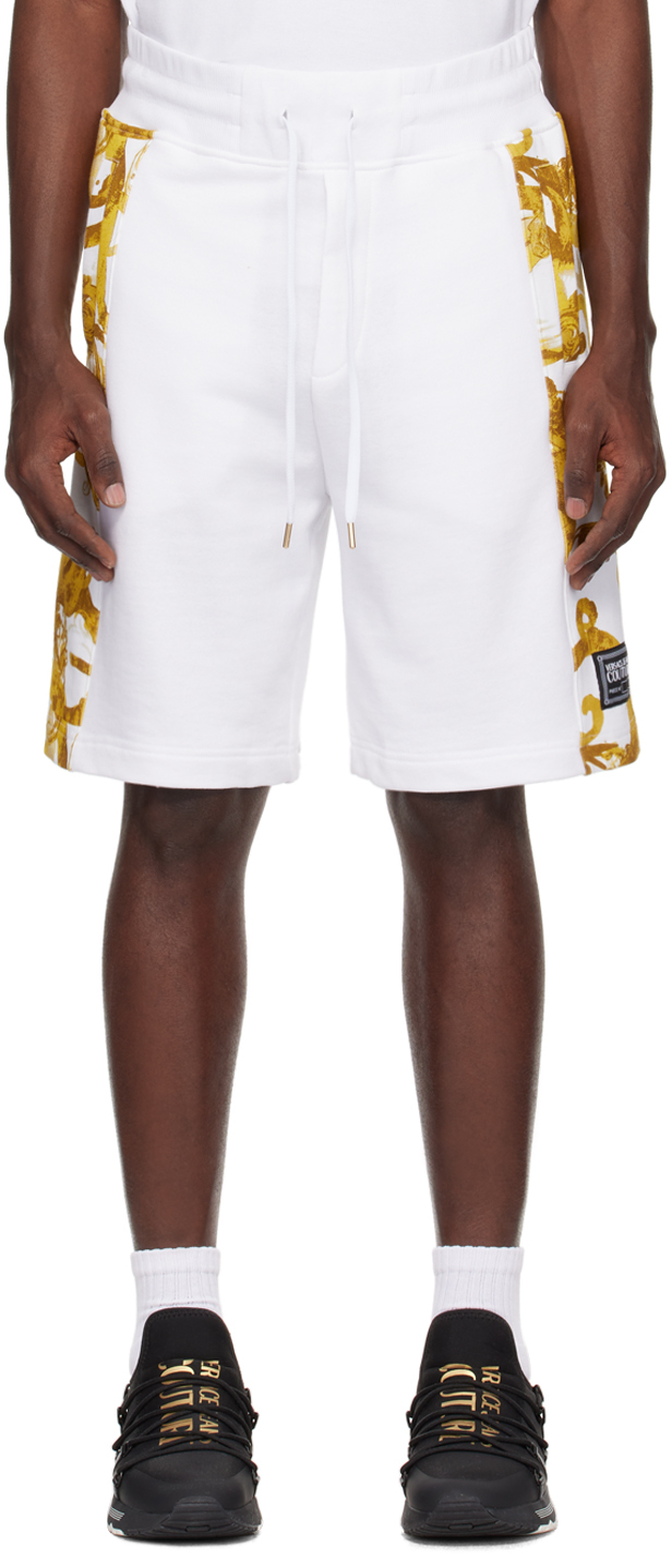Shop Versace Jeans Couture White & Gold Watercolor Couture Shorts In Eg03 White/gold