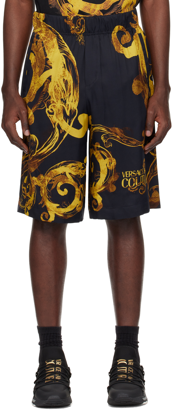 Versace Jeans Couture: Black & Gold Watercolor Couture Shorts