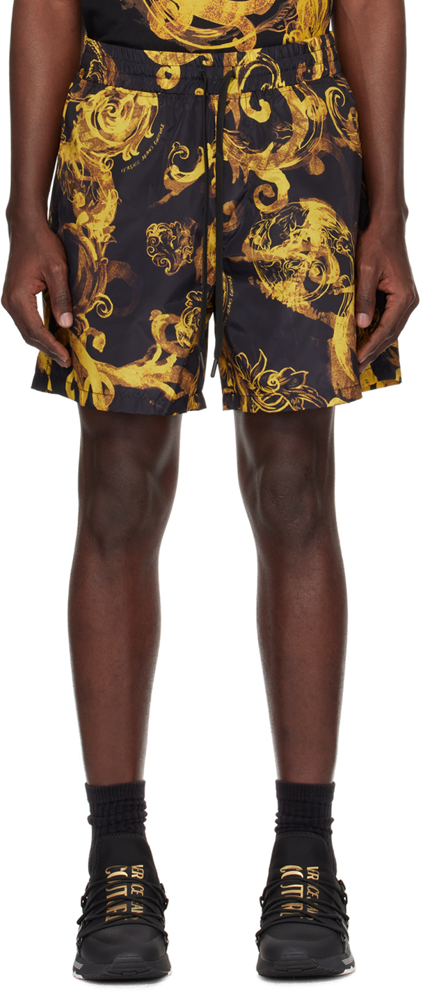 Versace Jeans Couture Black & Gold Watercolor Couture Shorts In Eg89 Black/gold