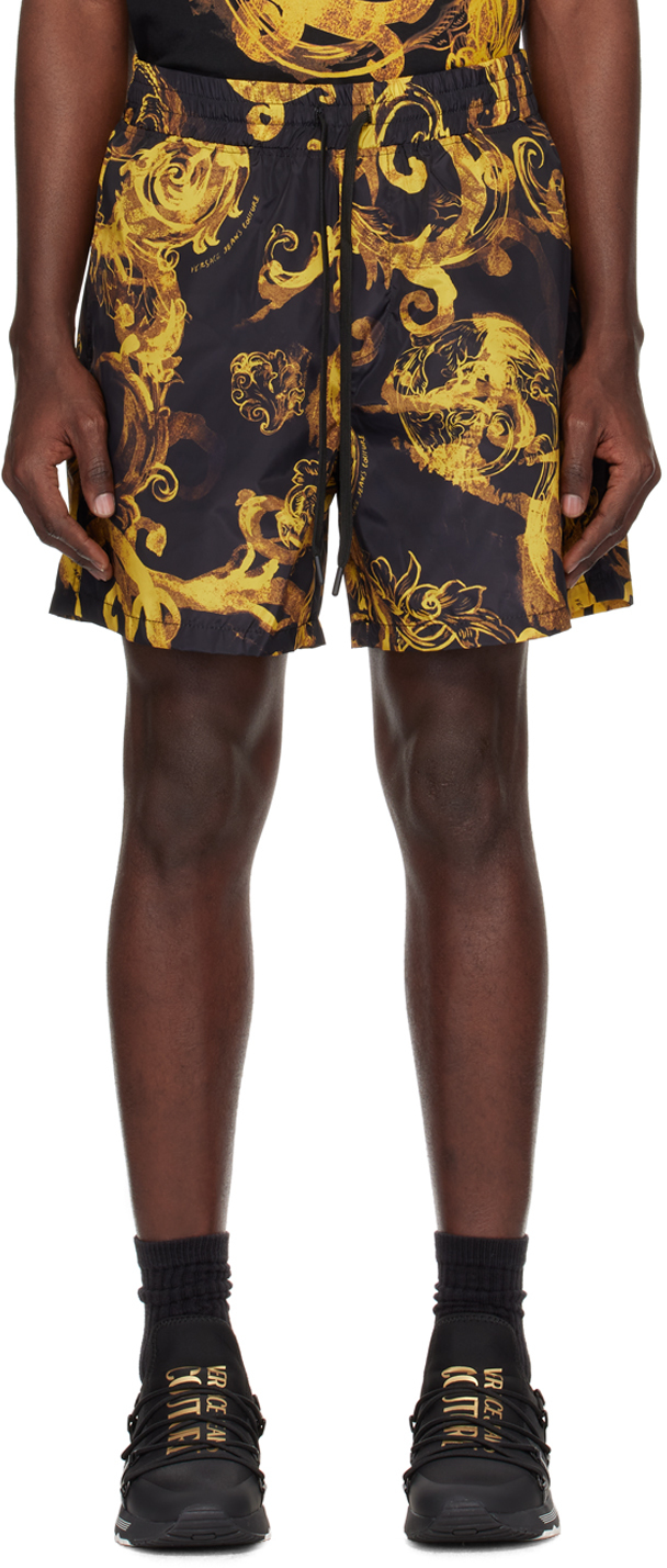 VERSACE JEANS COUTURE ブラック レギンス フィットネス パンツ Versace Jeans Coutureのブラック＆ゴールド Watercolor Couture