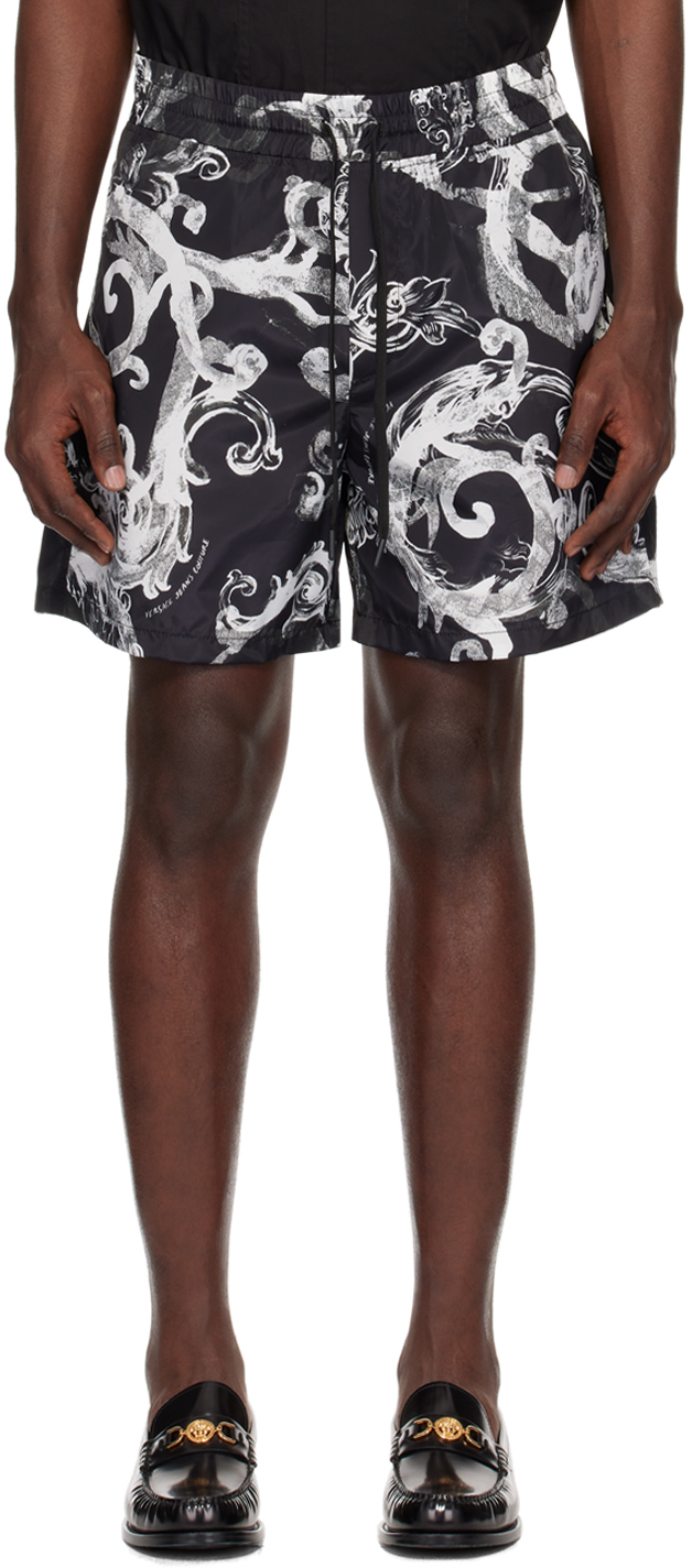 Shop Versace Jeans Couture Black & White Watercolor Couture Shorts In E899 Black