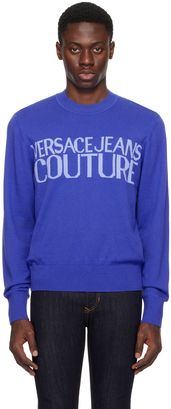 Versace Jeans Couture Blue Intarsia Jumper In E205 Space