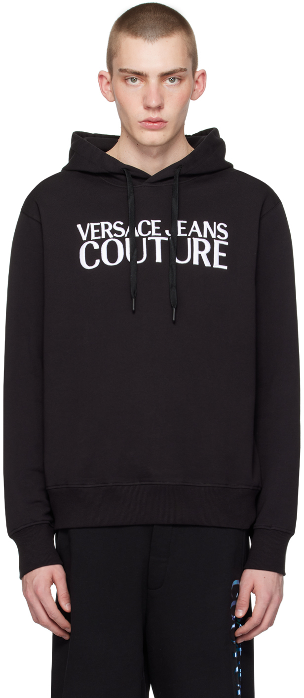 Shop Versace Jeans Couture Black Embroidered Hoodie In E899 Black