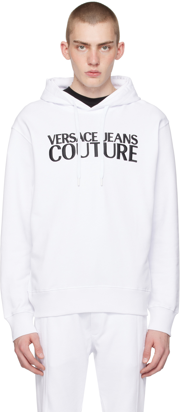 Shop Versace Jeans Couture White Embroidered Hoodie In E003 White