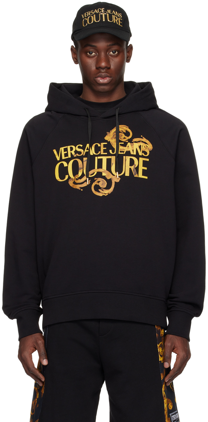 Shop Versace Jeans Couture Black Baroque Hoodie In Eg89 Black/gold