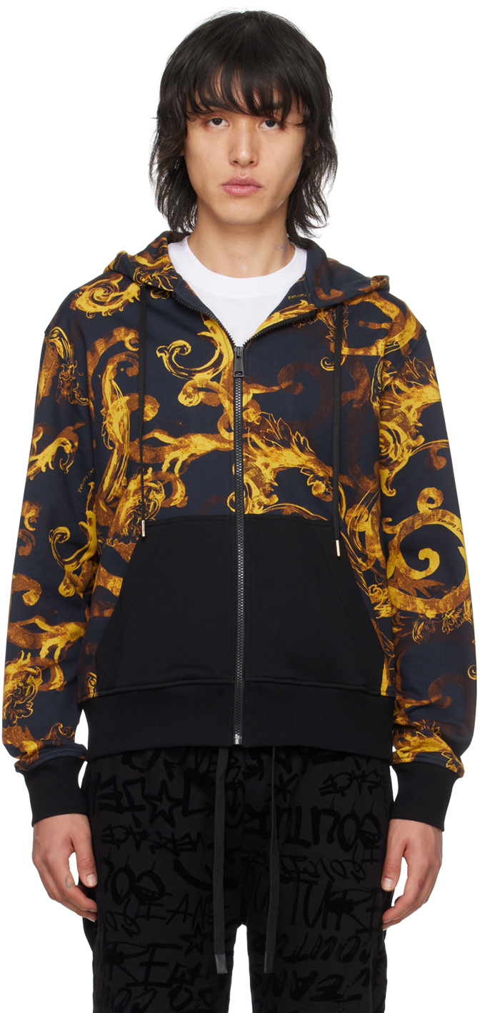 Versace Jeans Couture Black Watercolour Couture Hoodie In Eg89 Black/gold