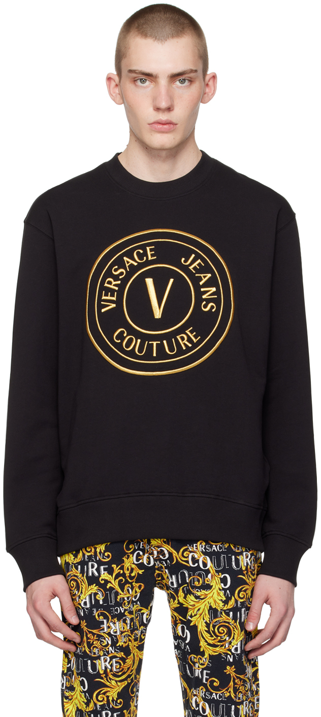 Shop Versace Jeans Couture Black V-emblem Sweatshirt In Eg89 Black/gold
