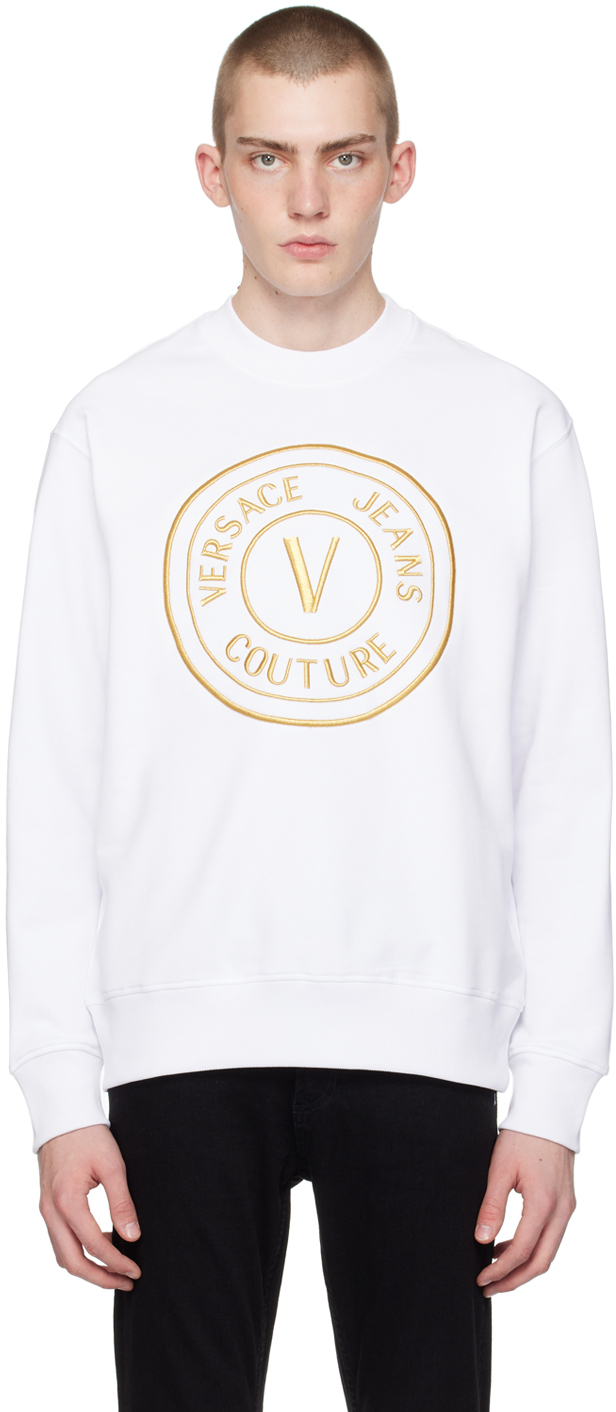Shop Versace Jeans Couture White V-emblem Sweatshirt In Eg03 White/gold