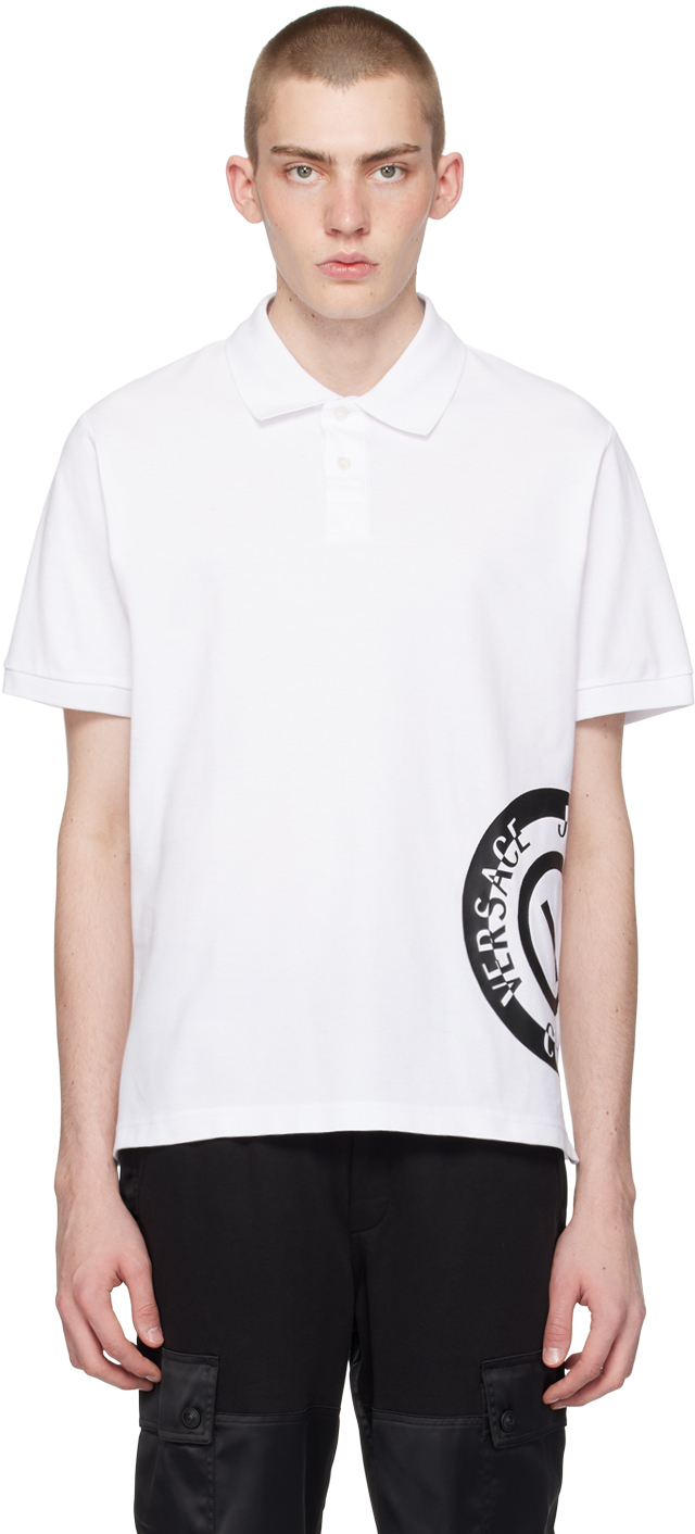 Shop Versace Jeans Couture White V-emblem Polo In E003 White