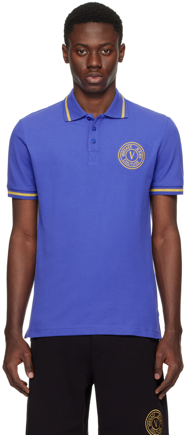 Versace Jeans Couture Blue V-emblem Polo In Eg20 Space/gold