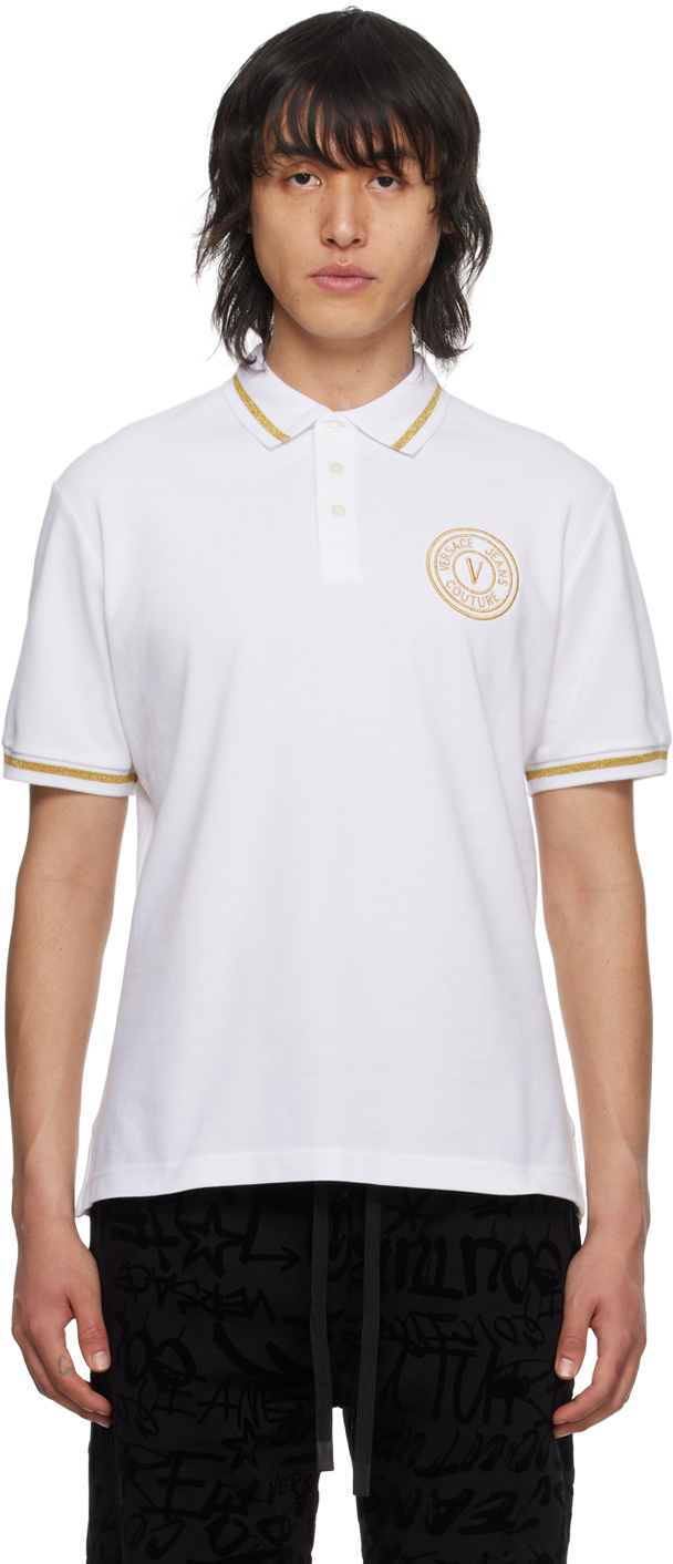 Shop Versace Jeans Couture White V-emblem Polo In Eg03 White/gold
