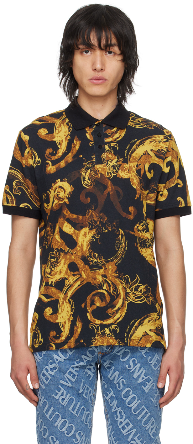 Versace Jeans Couture Black Watercolor Couture Polo In Eg89 Black/gold