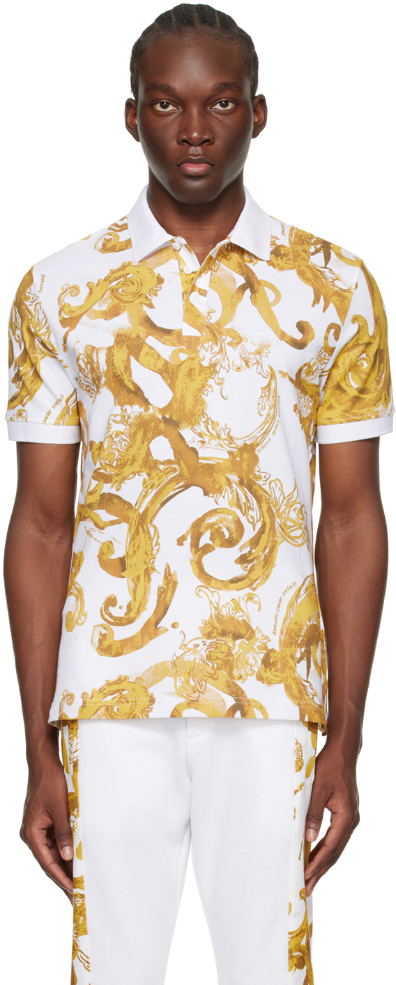 Shop Versace Jeans Couture White Watercolour Couture Polo In Eg03 White/gold