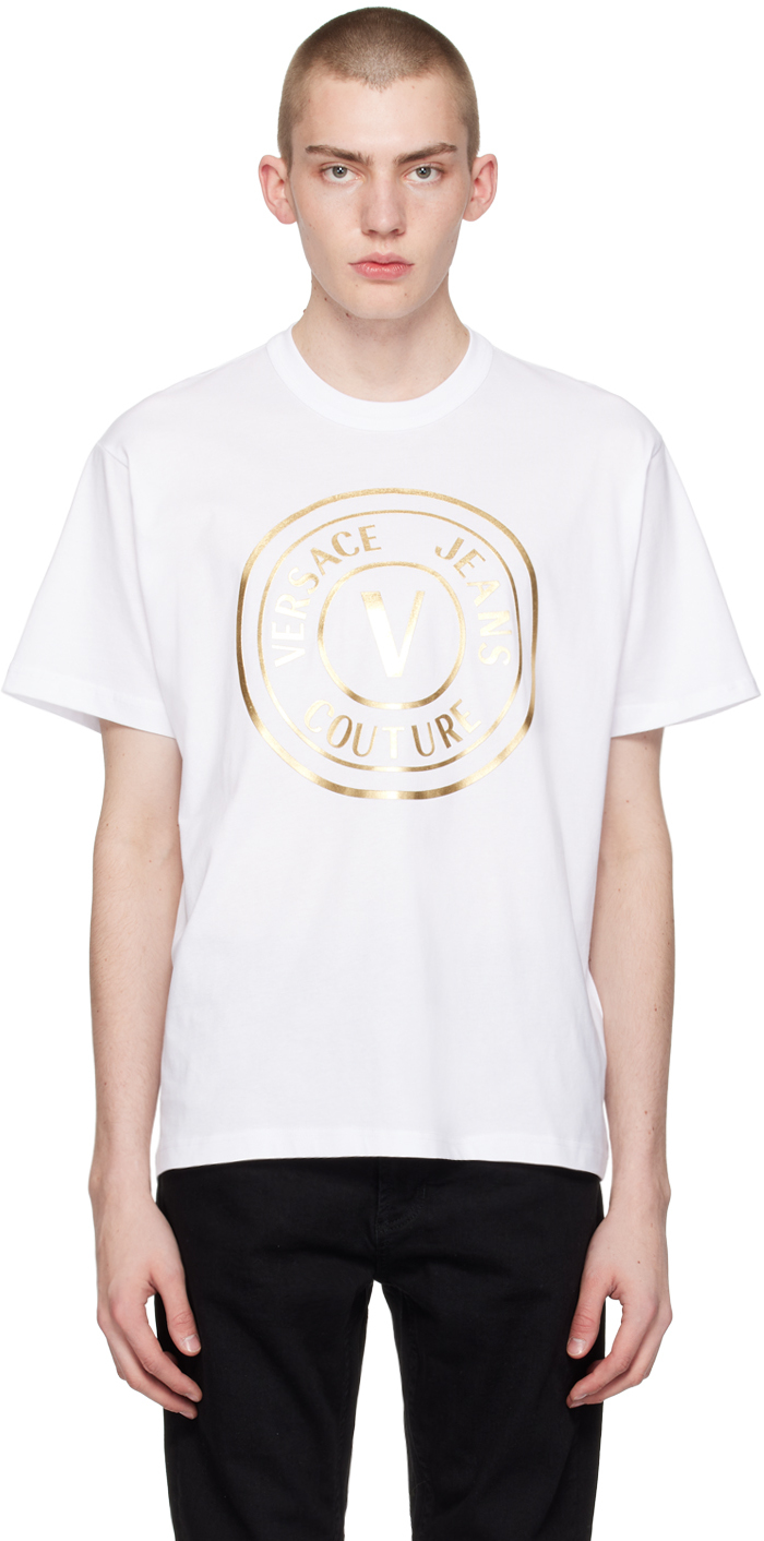 Shop Versace Jeans Couture White V Emblem T-shirt In Eg03 White/gold