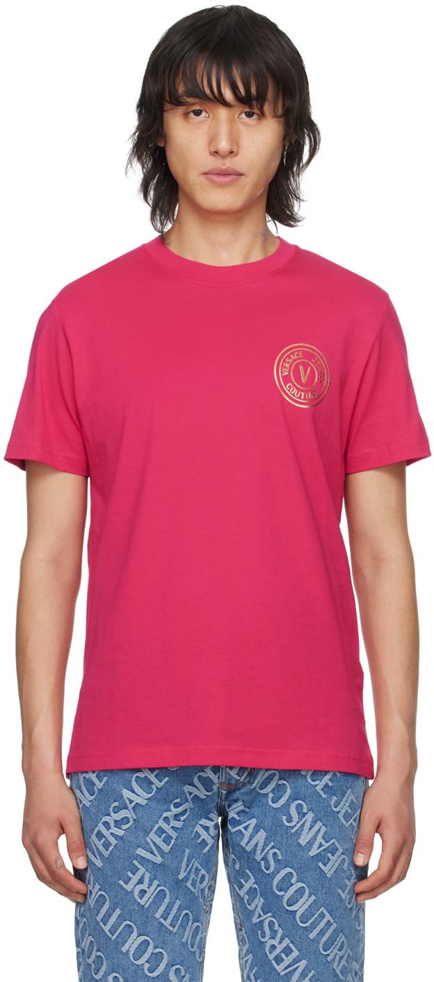 Versace Jeans Couture Pink V-emblem T-shirt In Eg49 Hot Pink/gold