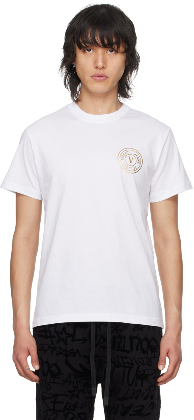 Versace Jeans Couture White V-emblem T-shirt In Eg03 White/gold