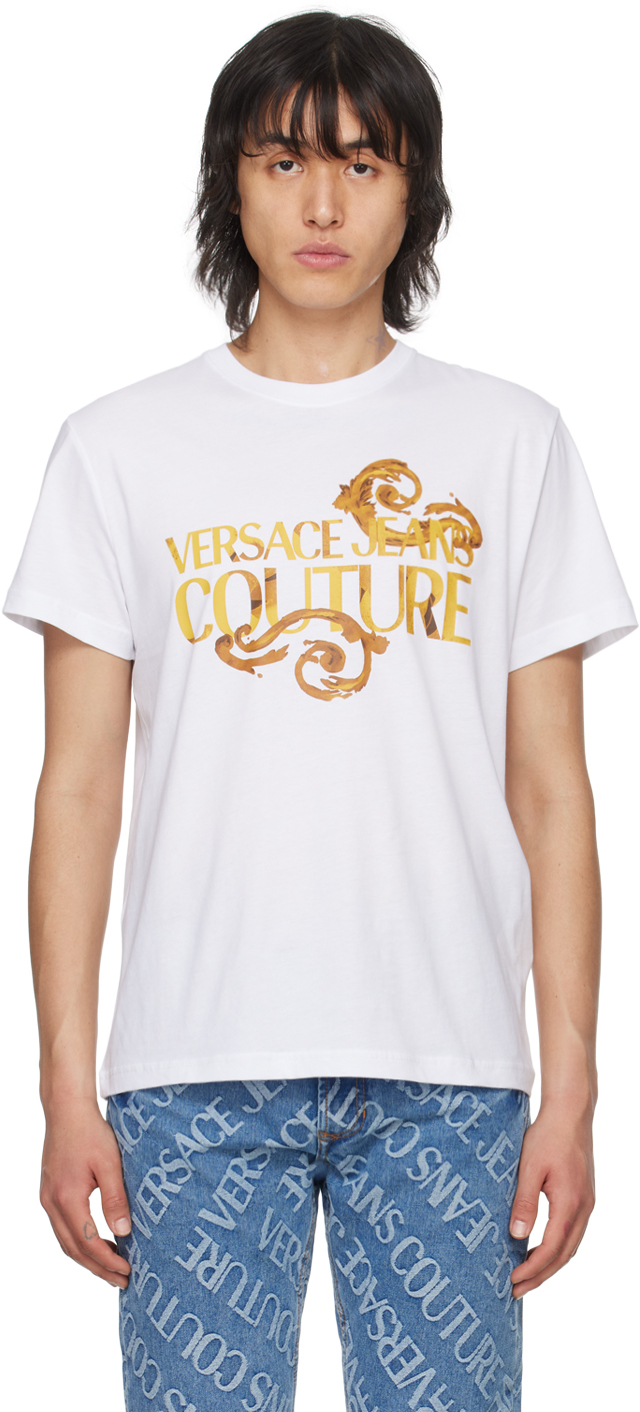 Versace Jeans Couture White Watercolor Couture T-shirt In Eg03 White/gold