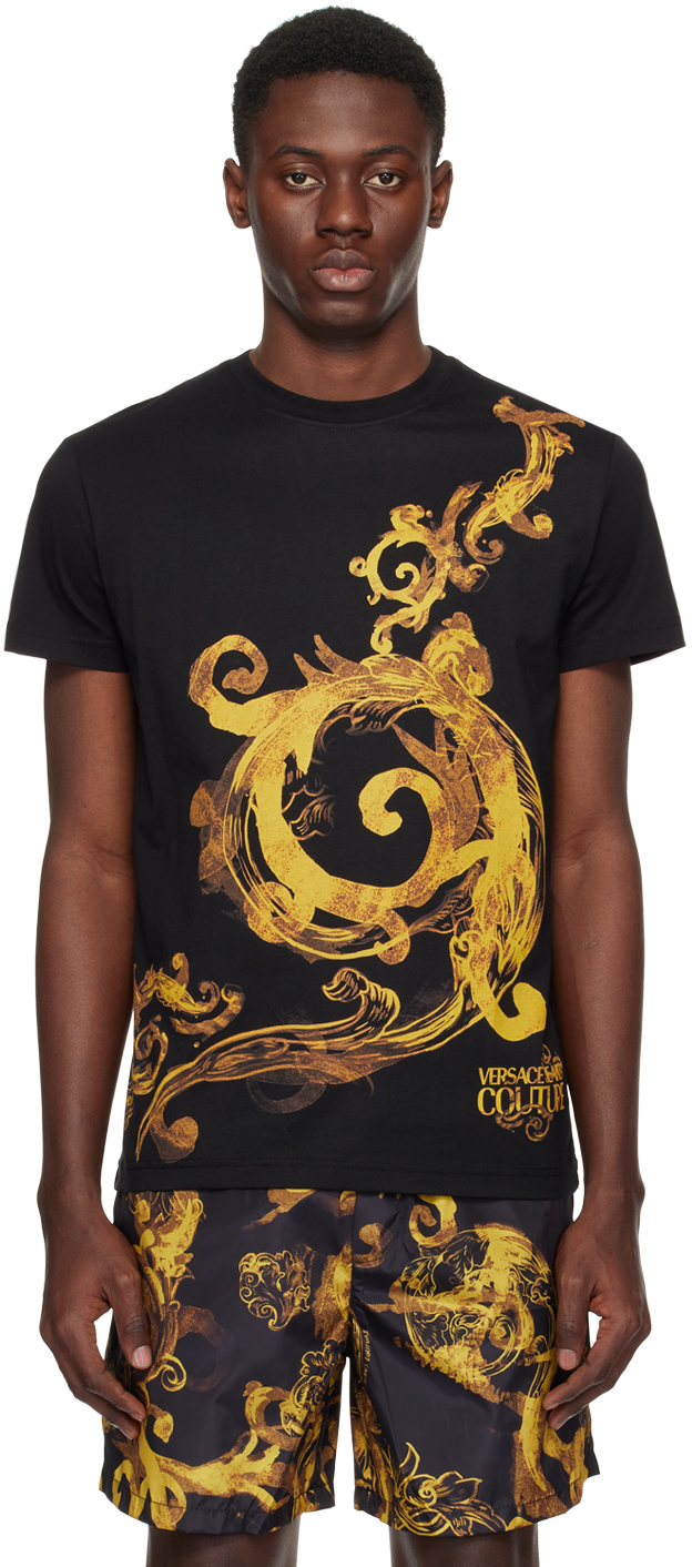 Versace Jeans Couture Black Watercolor Couture T-shirt In Eg89 Black/gold