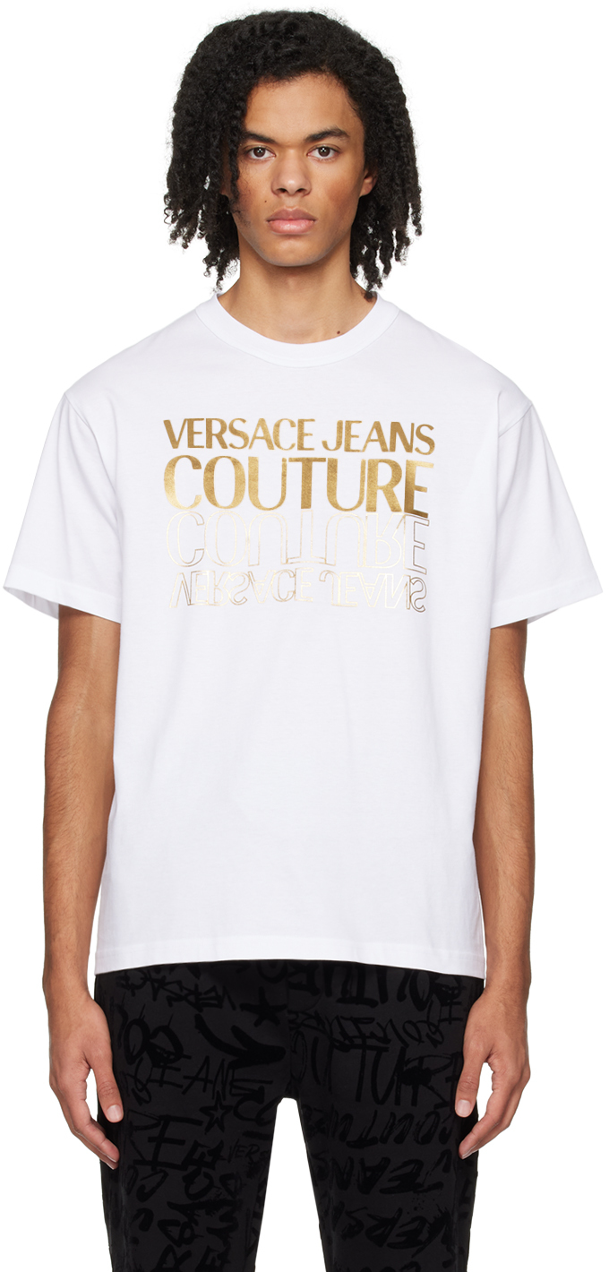 Versace Jeans Couture White Bonded T-shirt In Eg03 White/gold