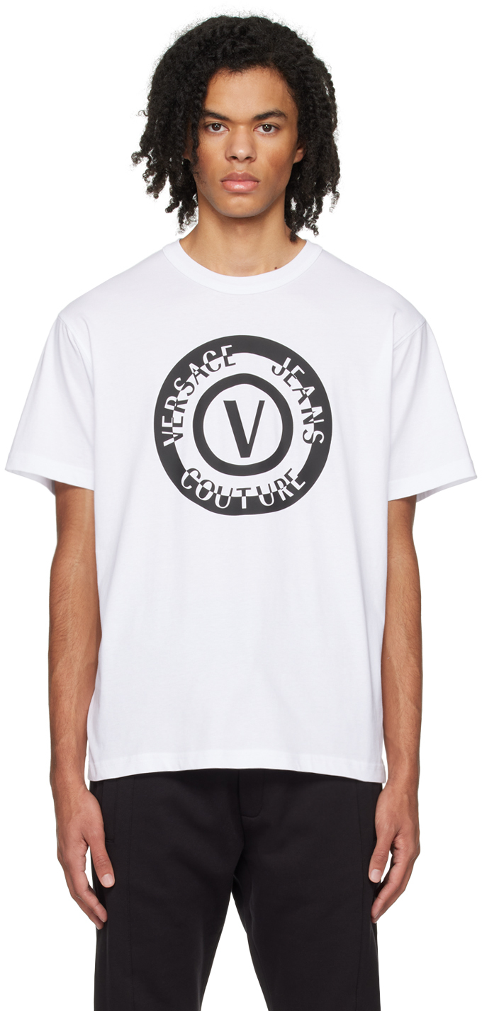 Shop Versace Jeans Couture White V-emblem T-shirt In E003 White