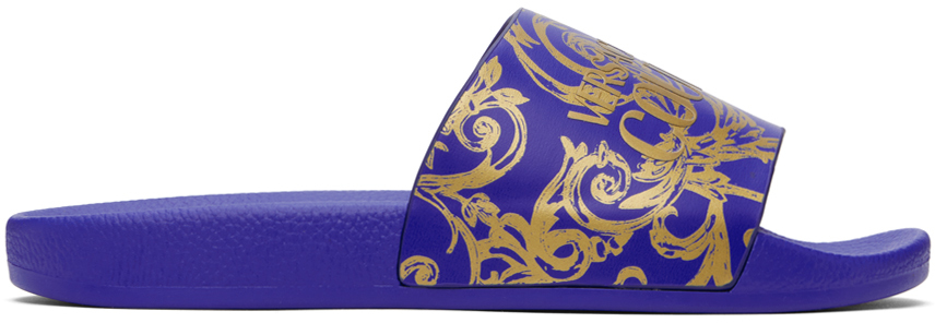 Shop Versace Jeans Couture Blue & Gold Baroque Logo Slides In Epx2 Klein/gold