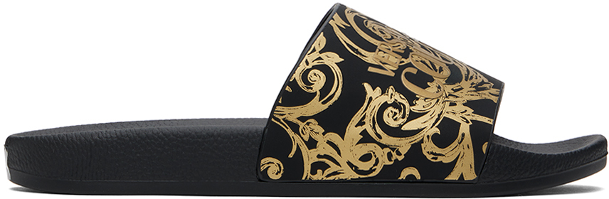 Shop Versace Jeans Couture Black Watercolor Couture Slides In Eg89 Black/gold