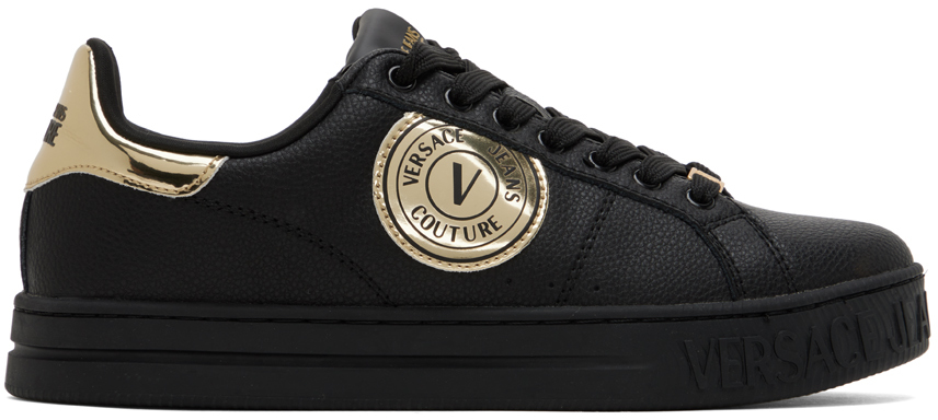 Shop Versace Jeans Couture Black V-emblem Court 88 Sneakers In Eg89 Black/gold