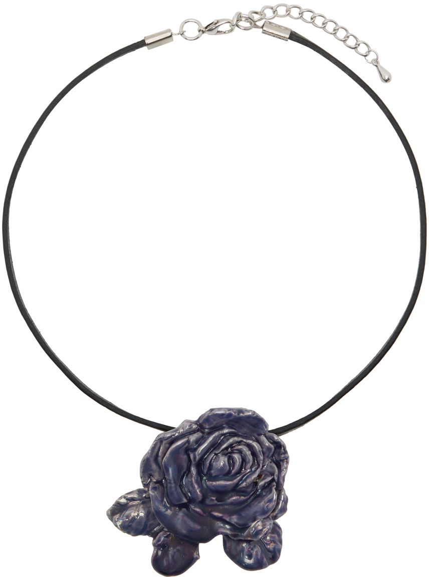 Purple Rose Pendant Glazed Clay Necklace