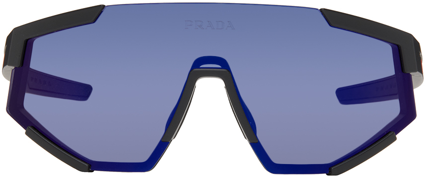 Shop Prada Black Linea Rossa Shield Sunglasses In Dg070a Black