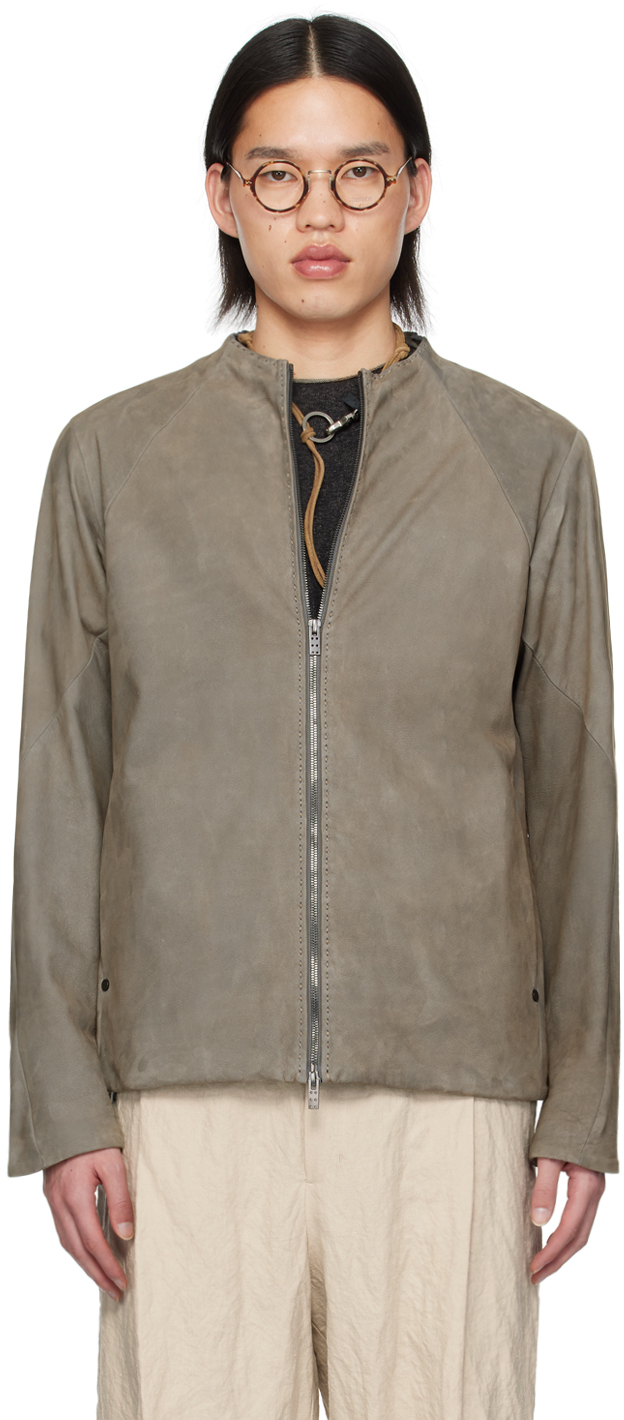Devoa Grey Paneled Leather Jacket In Slate Grey