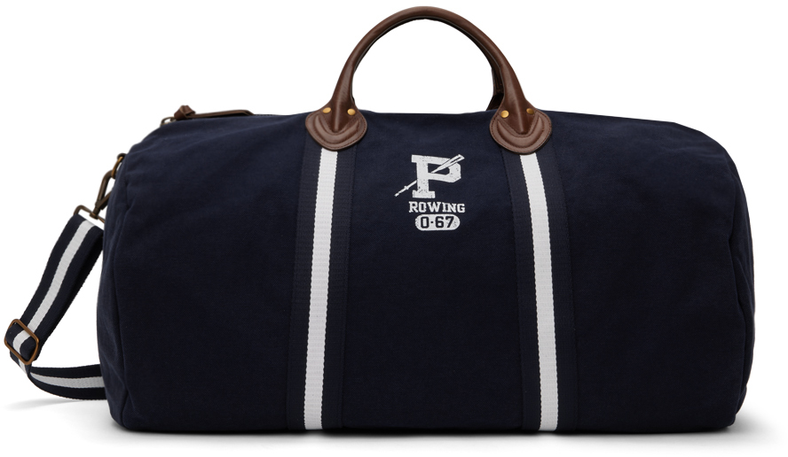 Navy Leather Trim Canvas Duffle Bag by Polo Ralph Lauren on Sale